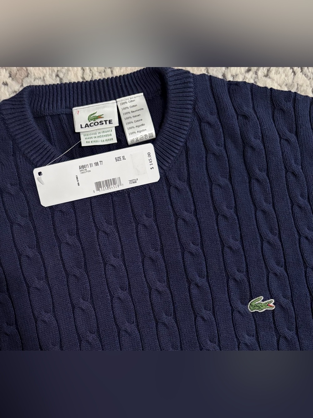 $145 Lacoste Classic Cable Knit Navy Cotton Sweater Men’s Size: XL - Picture 4 of 6